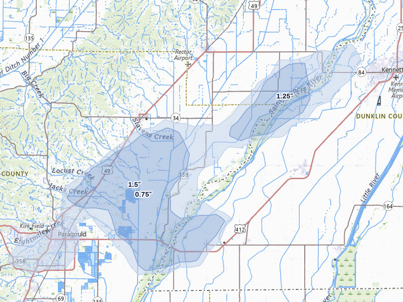 NEXRAD radar-signature map of the hail over Paragould, AR