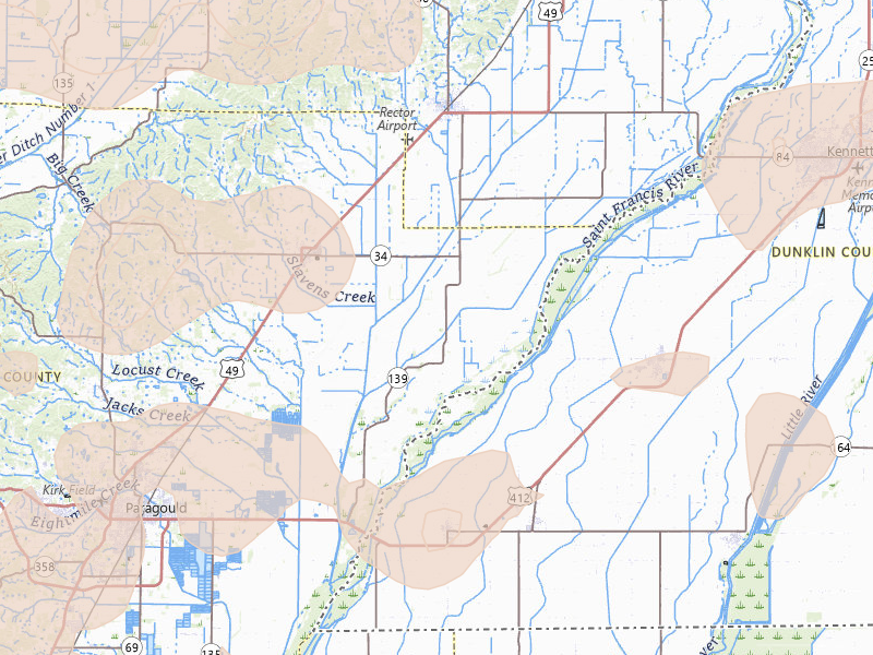 Radar-estimated hail-size map of the storm over Paragould, AR on Apr 27, 2026