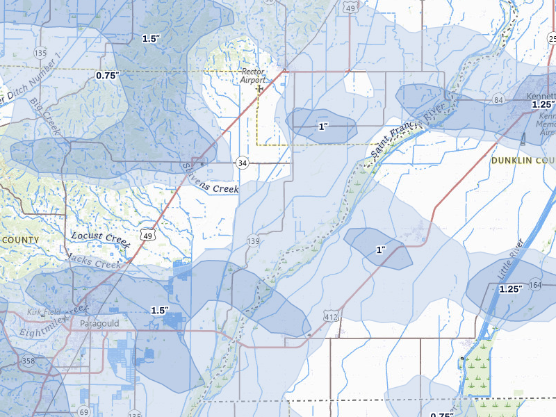 NEXRAD radar-signature map of the hail over Paragould, AR