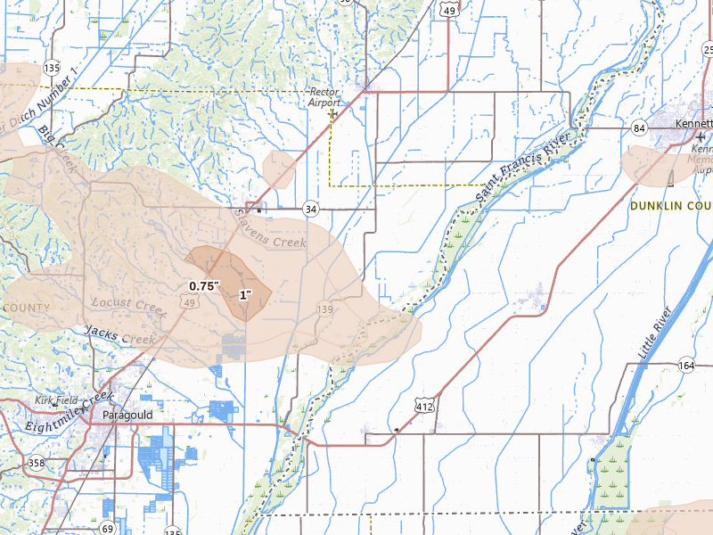 Radar-estimated hail-size map of the storm over Paragould, AR