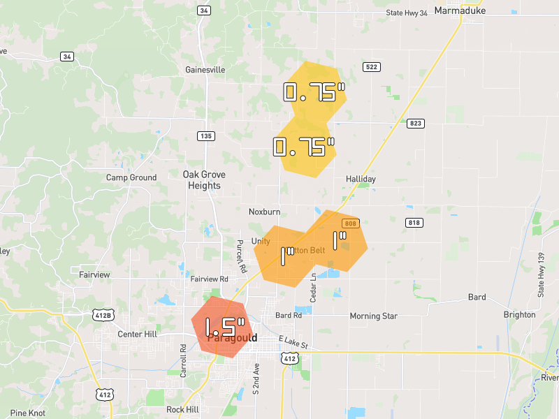 Hail map of Paragould, AR on Jul 4, 2026, hail up to 1.5"