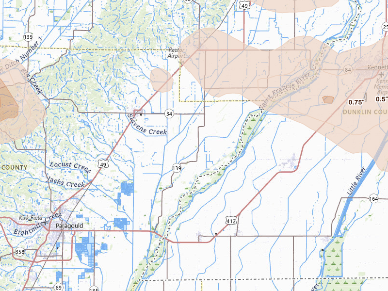 Radar-estimated hail-size map of the storm over Paragould, AR on Jul 9, 2026