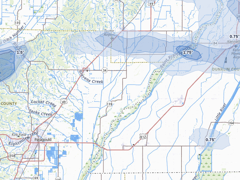 NEXRAD radar-signature map of the hail storm over Paragould, AR on Jul 9, 2026