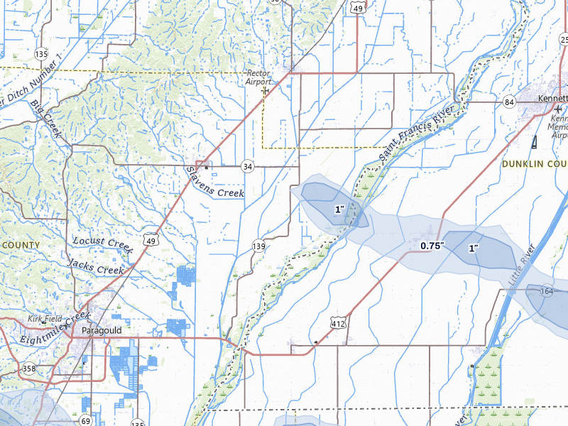 NEXRAD radar-signature map of the hail storm over Paragould, AR on Jul 11, 2026