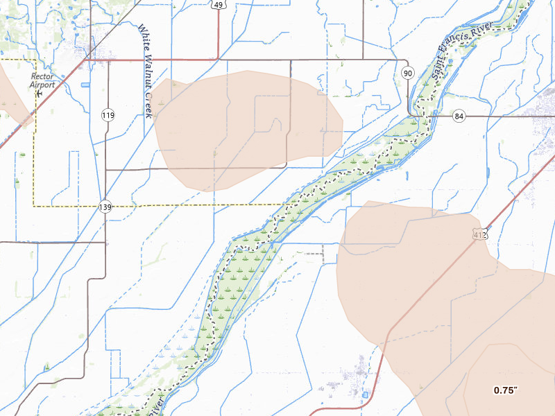 Radar-estimated hail-size map of the storm over Paragould, AR on Aug 19, 2026