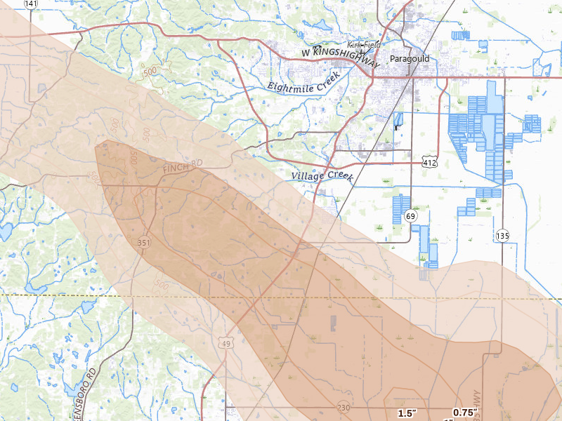 Radar-estimated hail-size map of the storm over Paragould, AR on Aug 22, 2026