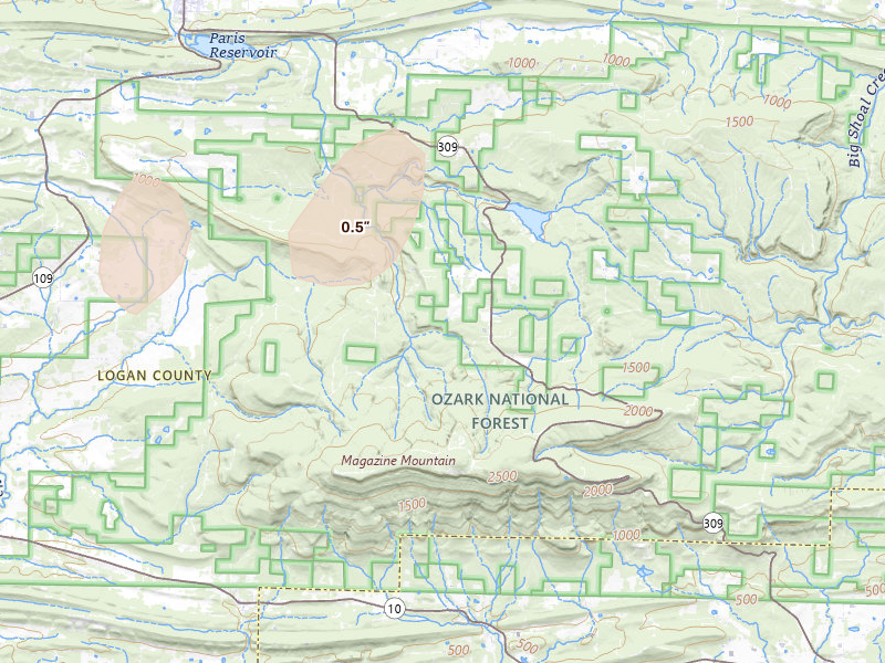 Radar-estimated hail-size map of the storm over Paris, AR on Mar 6, 2026