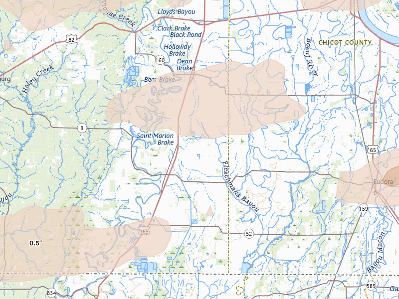 Radar-estimated hail-size map of the storm over Parkdale, AR on Mar 15, 2026