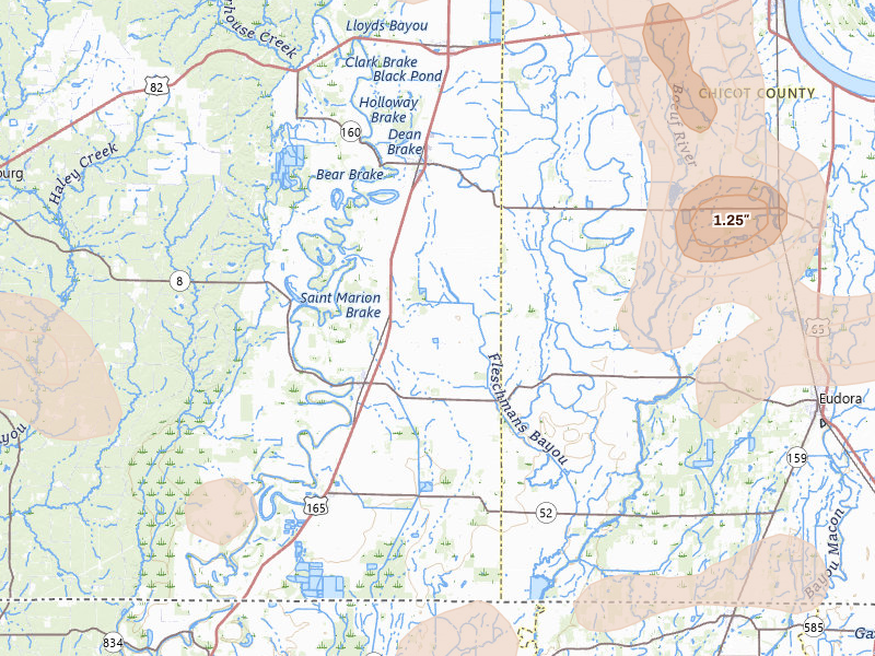 Radar-estimated hail-size map of the storm over Parkdale, AR on Jul 8, 2026