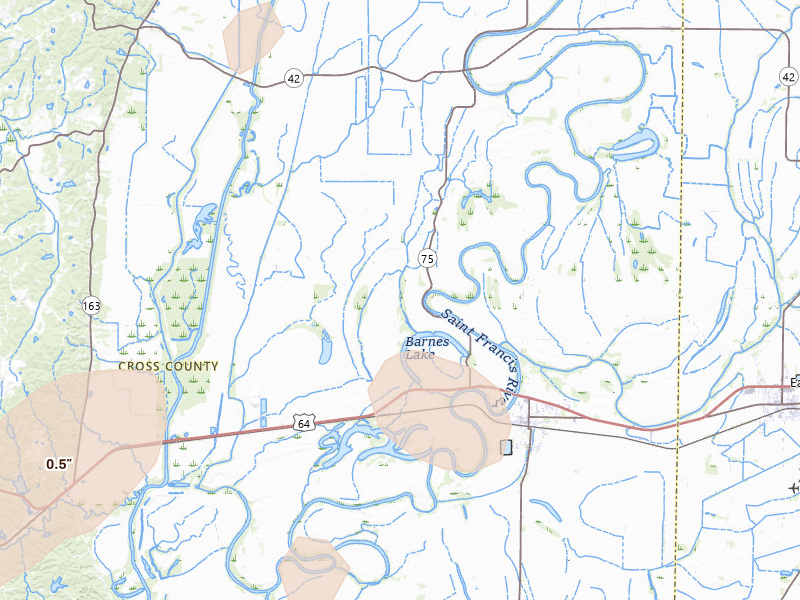 Radar-estimated hail-size map of the storm over Parkin, AR on Apr 28, 2026