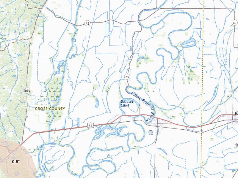 Radar-estimated hail-size map of the storm over Parkin, AR on Jun 1, 2026