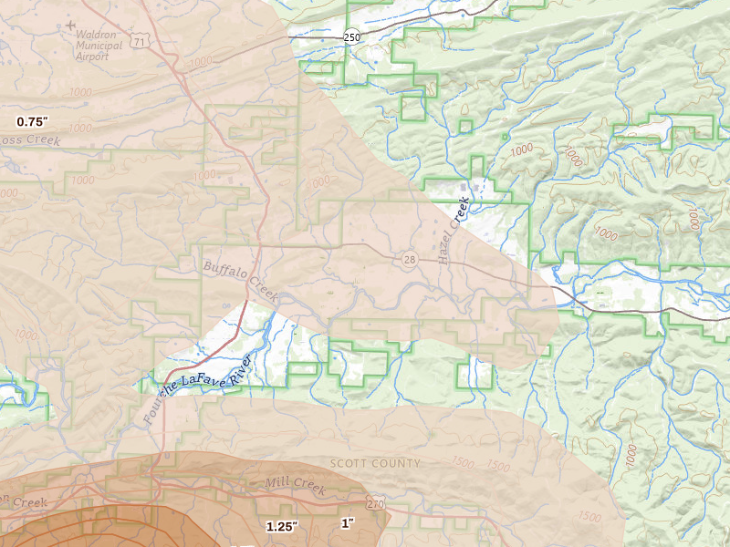 Radar-estimated hail-size map of the storm over Parks, AR on Apr 25, 2026