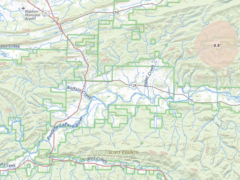 Radar-estimated hail-size map of the storm over Parks, AR on Jul 8, 2026