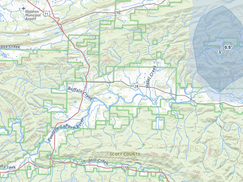 NEXRAD radar-signature map of the hail storm over Parks, AR on Jul 8, 2026