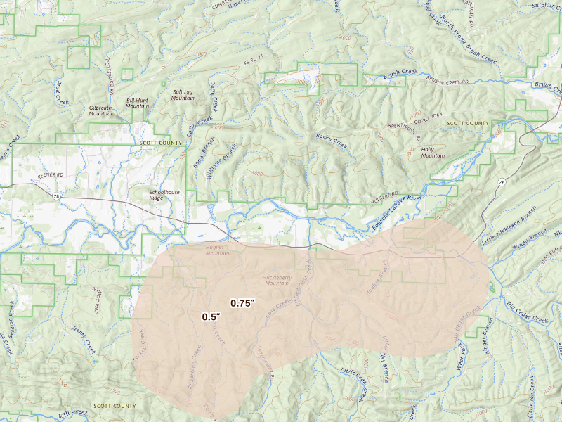 Radar-estimated hail-size map of the storm over Parks, AR