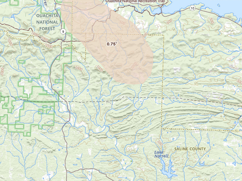 Radar-estimated hail-size map of the storm over Paron, AR on Jun 18, 2026