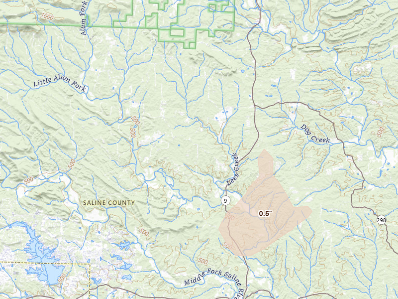Radar-estimated hail-size map of the storm over Paron, AR on Aug 6, 2026