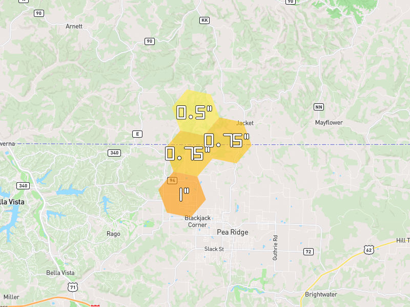 Hail map of Pea Ridge, AR on Jul 5, 2026, hail up to 1"