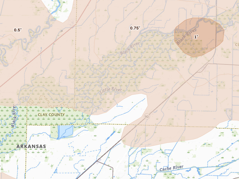 Radar-estimated hail-size map of the storm over Peach Orchard, AR on Apr 27, 2026
