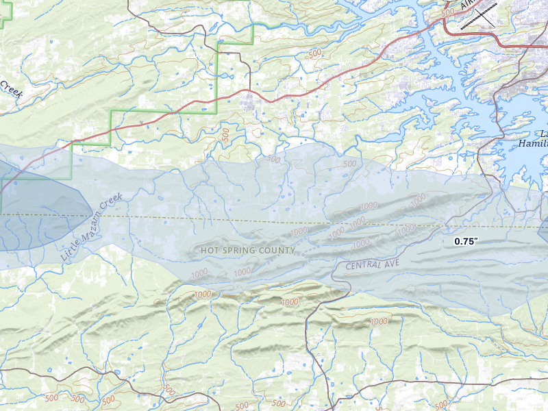 NEXRAD radar-signature map of the hail over Pearcy, AR