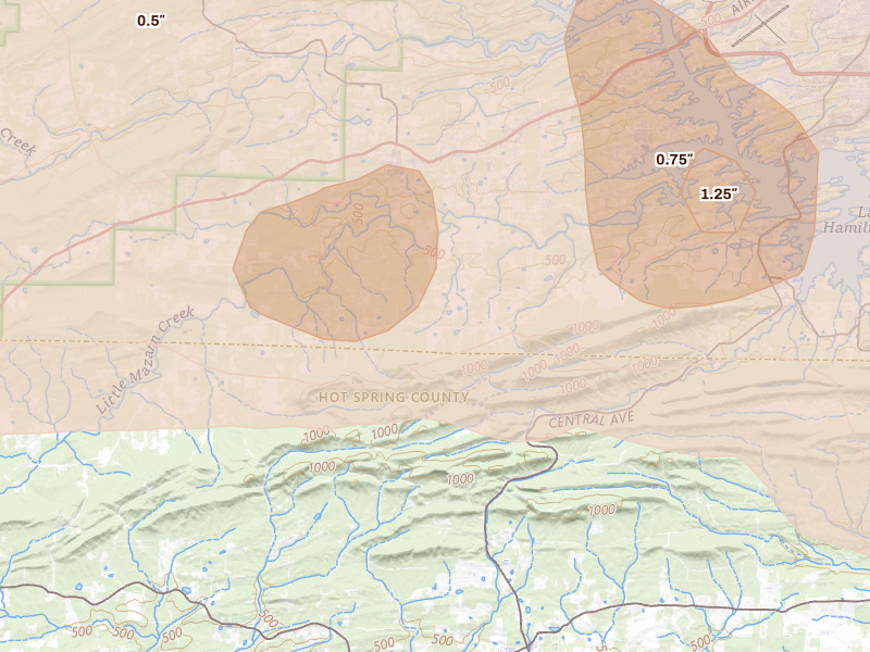 Radar-estimated hail-size map of the storm over Pearcy, AR on May 5, 2026
