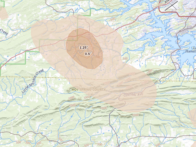 Radar-estimated hail-size map of the storm over Pearcy, AR on Aug 20, 2026