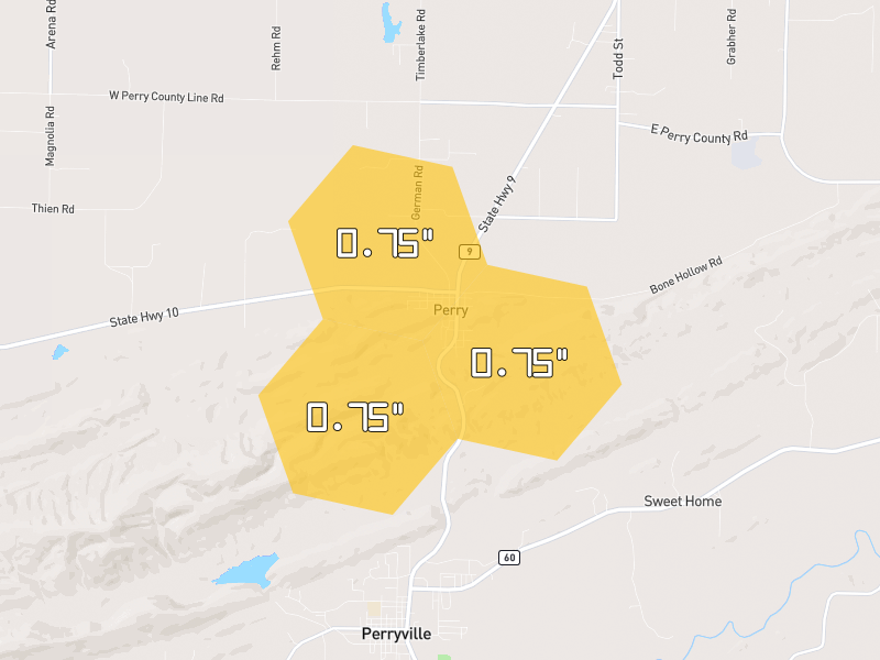 Hail map of Perry, AR on Jul 4, 2026, hail up to 0.75"