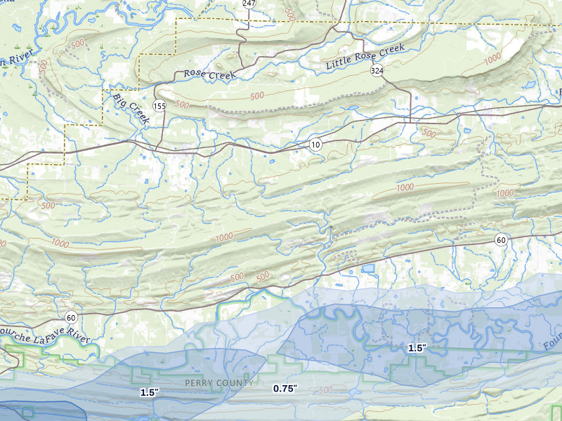 NEXRAD radar-signature map of the hail over Perryville, AR