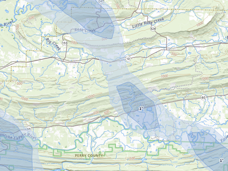 NEXRAD radar-signature map of the hail over Perryville, AR