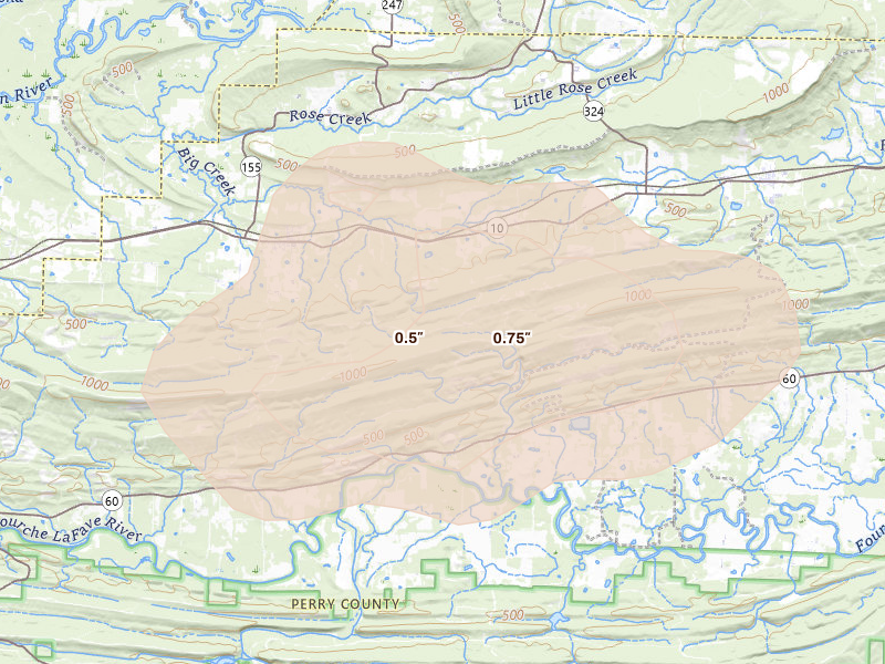 Radar-estimated hail-size map of the storm over Perryville, AR on Jul 11, 2026