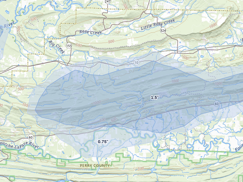 NEXRAD radar-signature map of the hail storm over Perryville, AR on Jul 11, 2026
