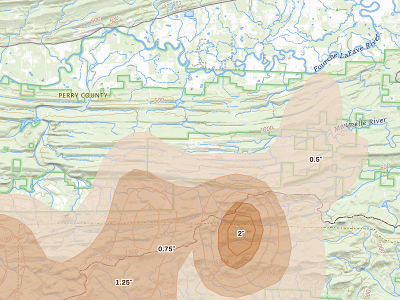 Radar-estimated hail-size map of the storm over Perryville, AR on Aug 22, 2026