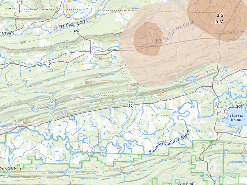 Radar-estimated hail-size map of the storm over Perryville, AR on Aug 26, 2026