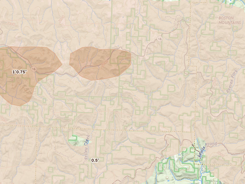 Radar-estimated hail-size map of the storm over Pettigrew, AR on Apr 28, 2026