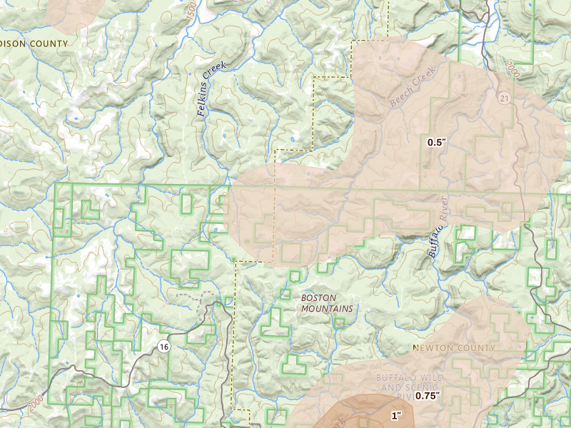 Radar-estimated hail-size map of the storm over Pettigrew, AR on Aug 7, 2026