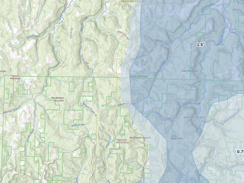 NEXRAD radar-signature map of the hail storm over Pettigrew, AR on Aug 7, 2026