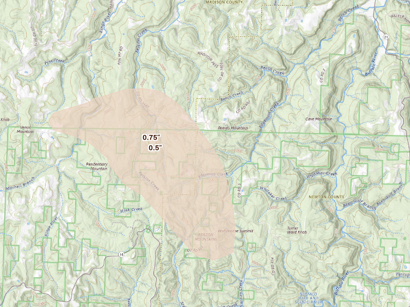 Radar-estimated hail-size map of the storm over Pettigrew, AR