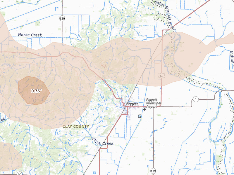Radar-estimated hail-size map of the storm over Piggott, AR on Apr 16, 2026