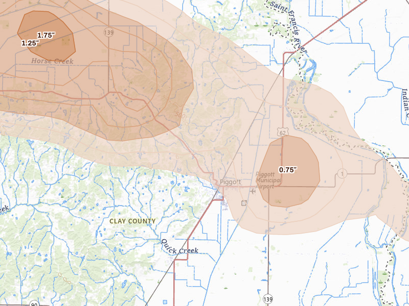 Radar-estimated hail-size map of the storm over Piggott, AR on Apr 28, 2026