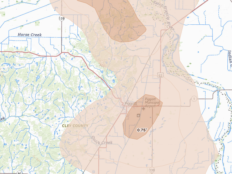 Radar-estimated hail-size map of the storm over Piggott, AR on Jul 9, 2026
