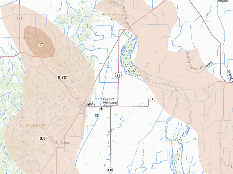 Radar-estimated hail-size map of the storm over Piggott, AR on Aug 26, 2026