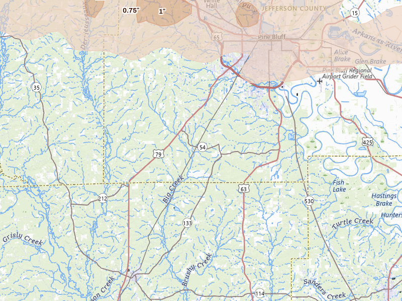Radar-estimated hail-size map of the storm over Pine Bluff, AR