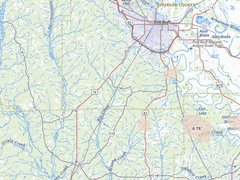 Radar-estimated hail-size map of the storm over Pine Bluff, AR on Mar 15, 2026