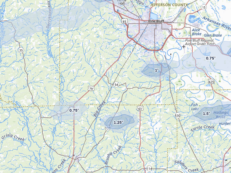 NEXRAD radar-signature map of the hail over Pine Bluff, AR