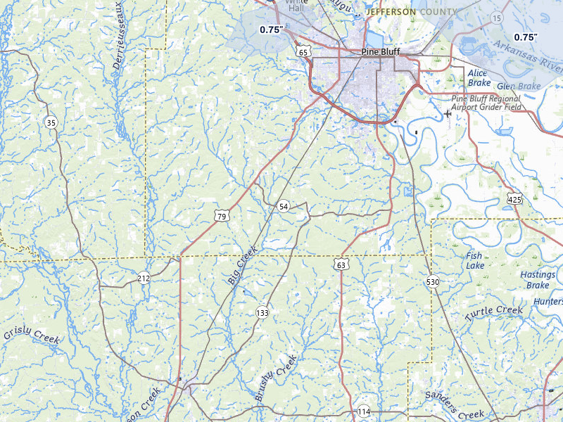 NEXRAD radar-signature map of the hail storm over Pine Bluff, AR on Apr 28, 2026
