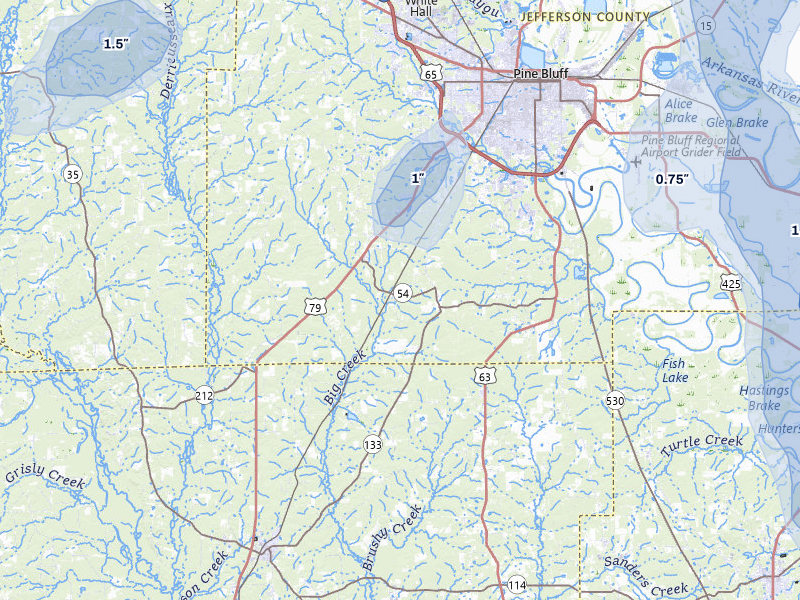 NEXRAD radar-signature map of the hail storm over Pine Bluff, AR on May 31, 2026
