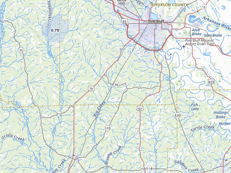 NEXRAD radar-signature map of the hail storm over Pine Bluff, AR on Jun 1, 2026