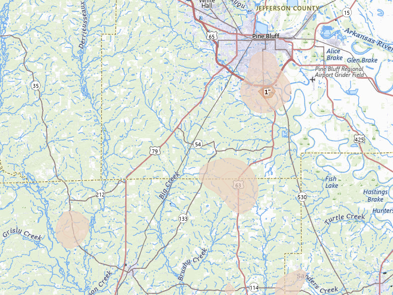 Radar-estimated hail-size map of the storm over Pine Bluff, AR on Jul 4, 2026