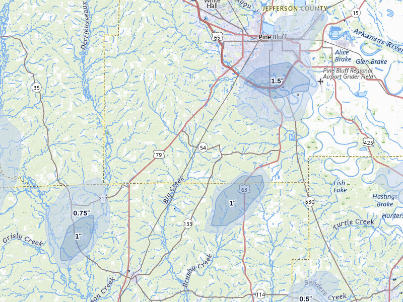 NEXRAD radar-signature map of the hail over Pine Bluff, AR