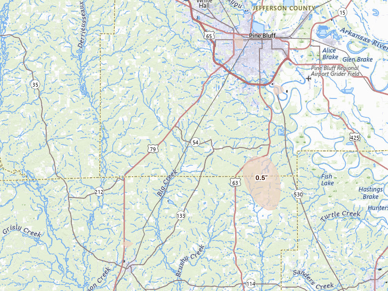 Radar-estimated hail-size map of the storm over Pine Bluff, AR on Jul 6, 2026